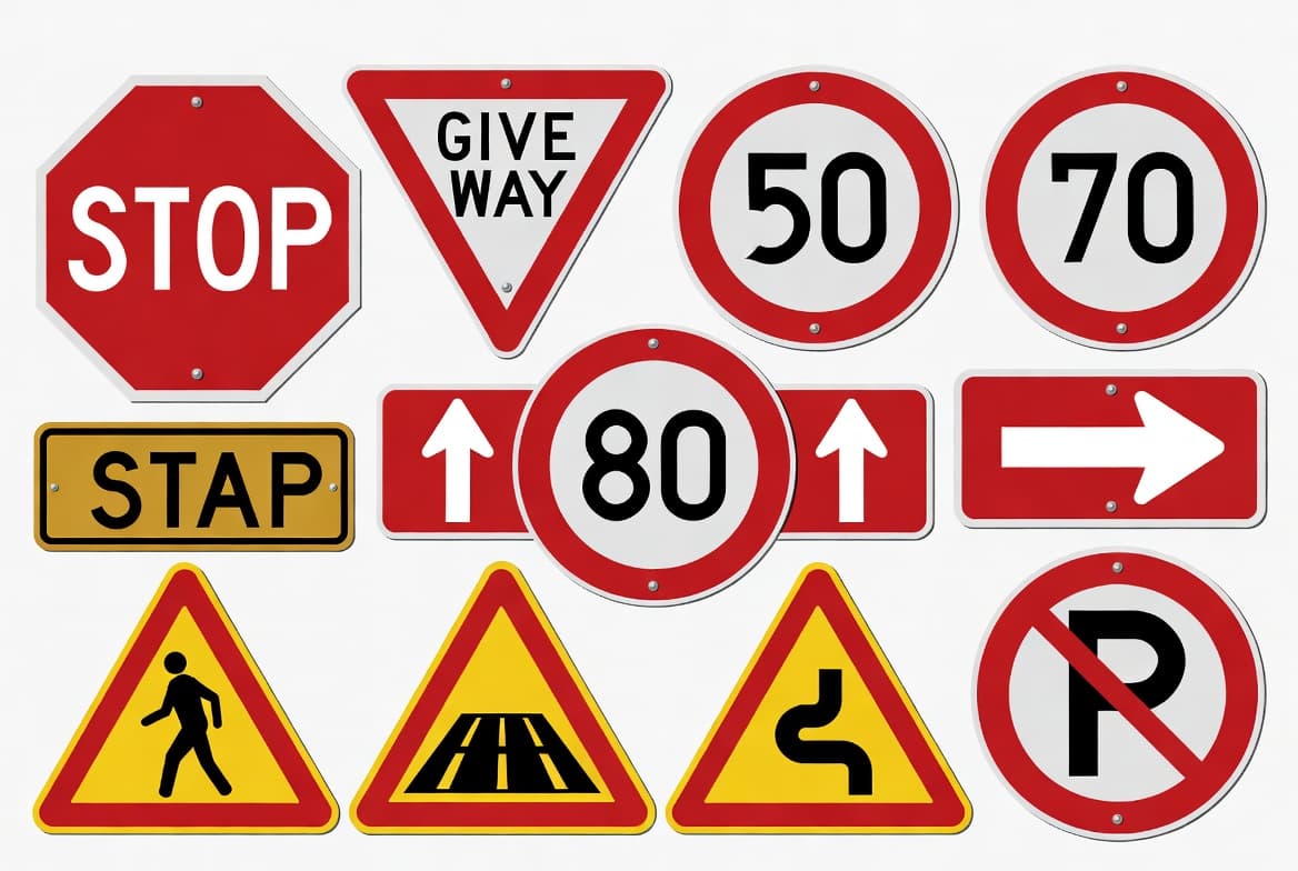 Singapore road signs including stop sign, speed limit circles and warning triangles